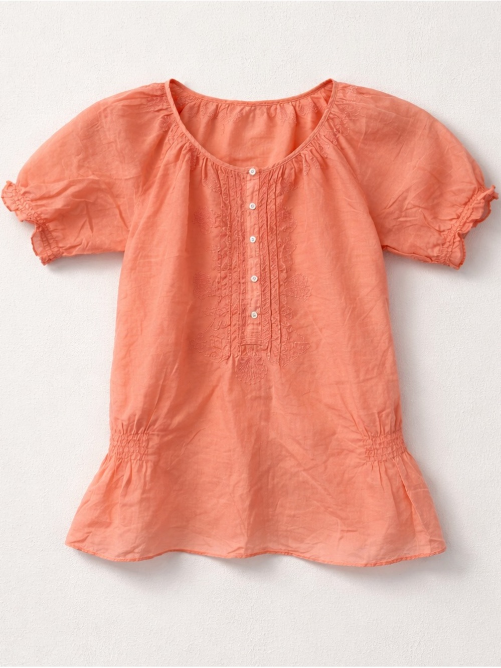 Cotton Silk Blend Peach Semi Sheer Short Sleeve Embroidered Top Beachy Coastal